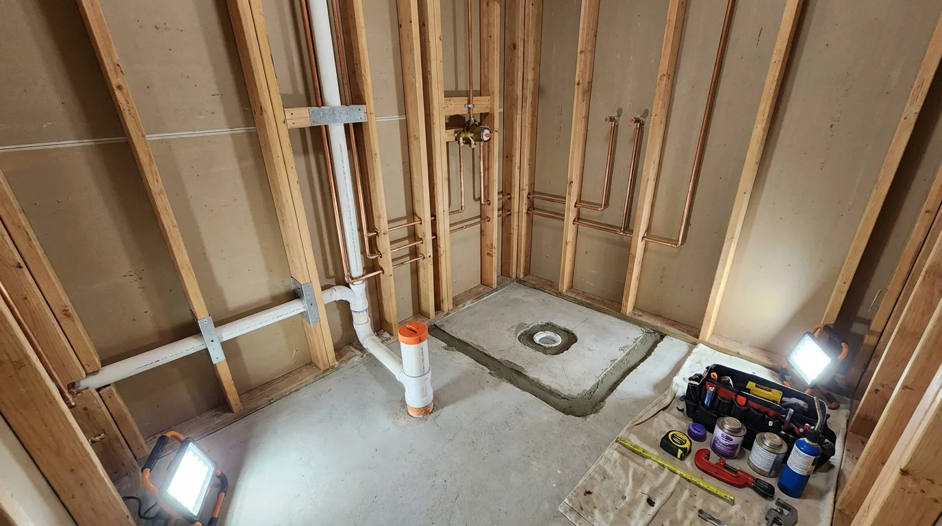 Bathroom rough-in plumbing during remodel by Johns Plumbing LLC in Crossett