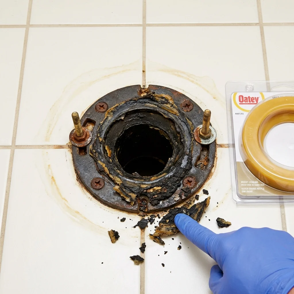Failed wax ring showing water seepage at the base of a toilet in a Crossett, AR home
