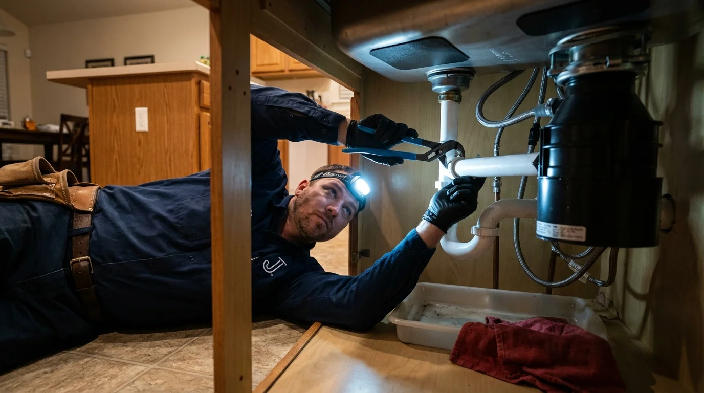 P-trap and supply line connections under a kitchen sink showing a common leak point in Crossett, AR